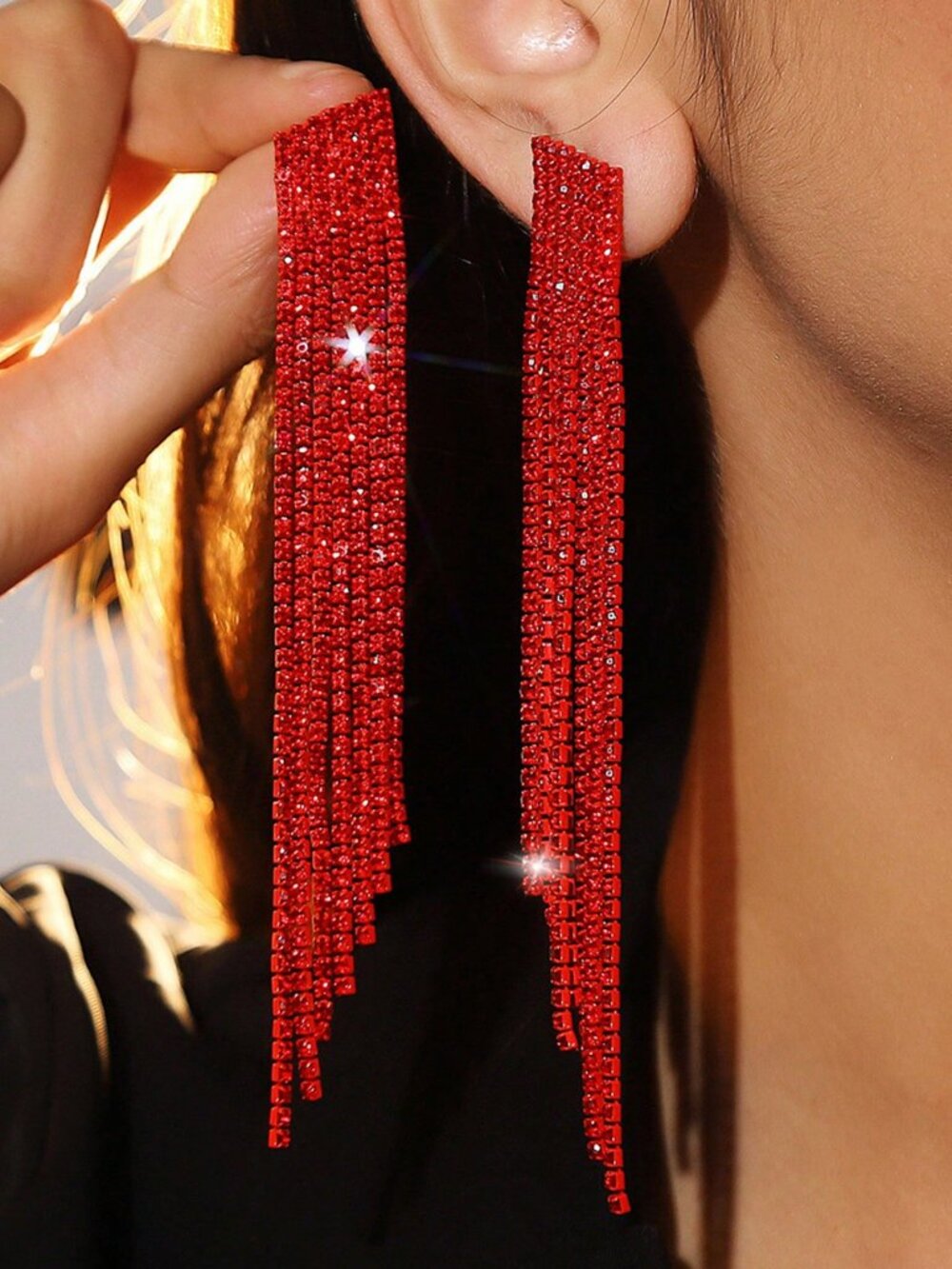 Red Women's Rhinestone Encrusted Long Tassel Earrings